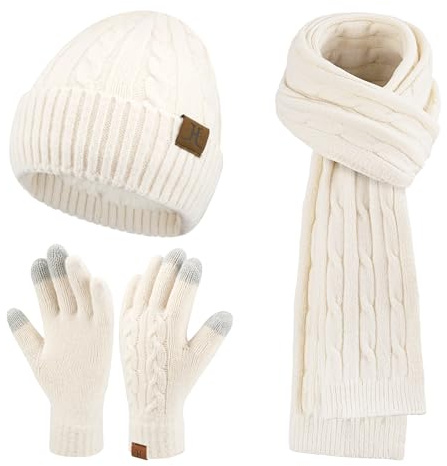 ZASFOU Donna Cappello Invernale Sciarpa Guanti Touch Screen Set Caldo Pile Foderati in maglia Berretto Cappelli Sciarpe lunghe Guanto Regalo per Donna compleanno Natale