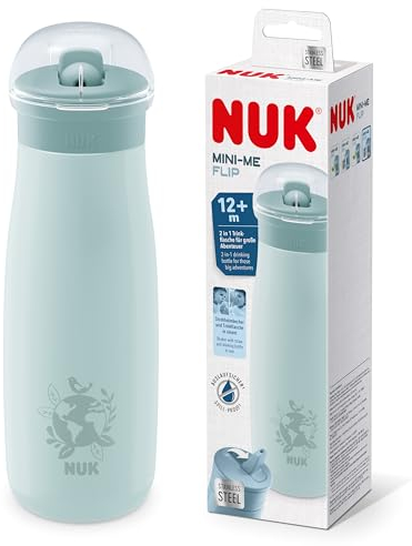 NUK Mini-Me Flip Toddler Cup With Straw | 12+ Months | 500 ml | Stainless Steel Water Bottle For Kids | Leak-Proof Toughened Spout | Shatter-Proof | Blue Globe
