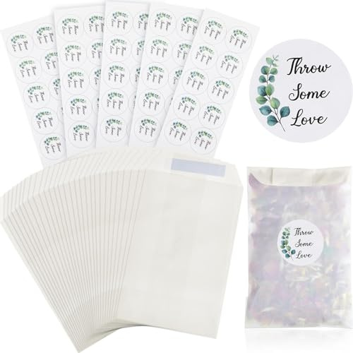 Tenare 50 Sets Wedding Confetti Bags Kit with Stickers, 105 x 70 mm Biodegradable Confetti Paper Glassine Bags Empty for Bridal Shower Wedding Party Favors Supplies(Green Leaf Style)