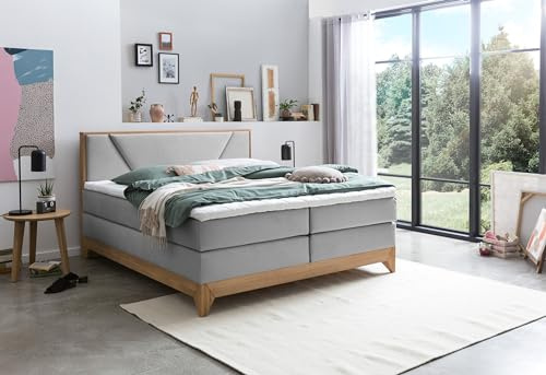 Belanoti Riviera Boxspringbett 160x200 Eiche 7-Zonen Taschenfederkern Matratze inkl Visco Topper Bett 160x200 in der Farbe Hellgrau H2/H3 Polsterbett Hotelbett mit Massivholz Eiche Massivholzbett