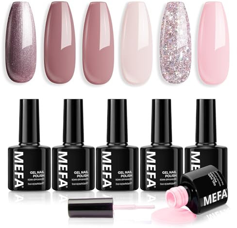 MEFA Vernis Semi Permanent, Vernis Gel UV 6 Couleurs Nude Rose Pailleté Kit Gel Ongle French Manucure Nail Art Ongles Gel Soak Off UV/LED Gel Polish pour Starter Salon DIY Home