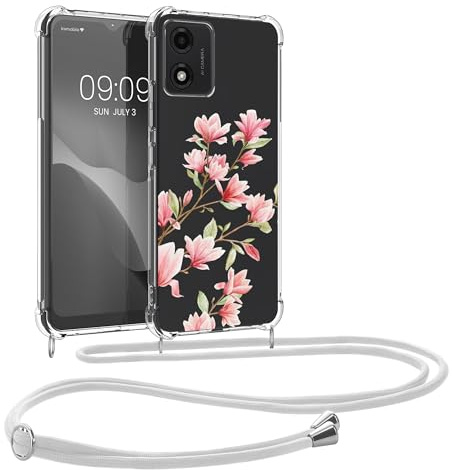 kwmobile Carcasa Compatible con Motorola Moto E13 Funda con Cuerda - Funda con Correa Colgante - Cordón Ajustable - Bordes elevados - Magnolias