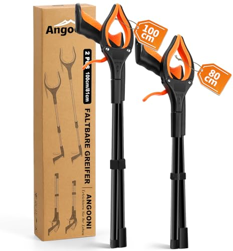 Angooni 2 Stück Müllzange Greifzange 100 cm, 80 cm - Faltbare Müllgreifer - Drehbar Greifzange für Senioren - Greifer Kinder - Greifzange für Müll mit Starkem Griff Magnetische Spitze