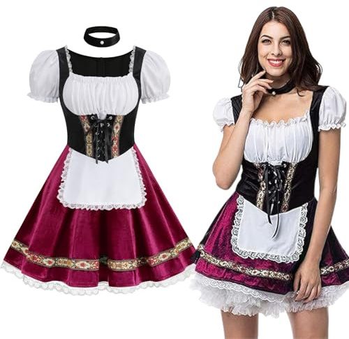 maxToonrain Oktoberfest Outfit Women Puff Sleeve Velvet Bavarian Beer Maid Dress with Foral Embroidery, Lace Trim, Apron & Choker for Halloween, Themed Parties & Beer Festivals (Burgundy, XL)
