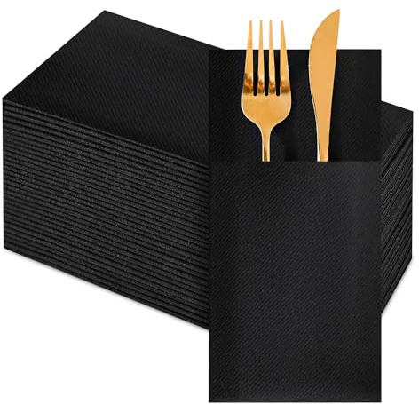 50 Pack Black Disposable Napkins, Built-In Flatware Pocket, Black Linen-Feel Dinner Napkins, Prefolded for Weddings, Parties & Special Events