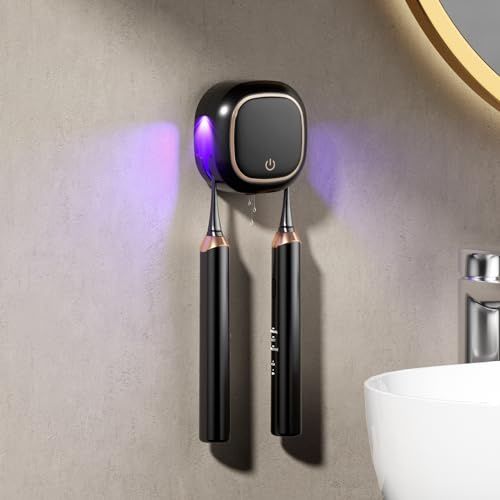 Spazzolino da denti UV Sanitizer, Portaspazzolino da parete Funzione Asciugatura, Sterilizzazione e Timing, con 2 Spazzolino da denti, Carica 2000mAh per Bambini, Adulti, Bagno (Nero)