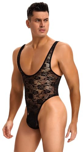 ohmydear Bodysuit Herren Spitzen-Body Transparenter Stringbody | mit Tiefem U-Ausschnitt, Sexy Shirt Tops, Ärmelloser Einteiler, Reizwäsche Sissy Dessous für Männer Große Größen, Schwarz