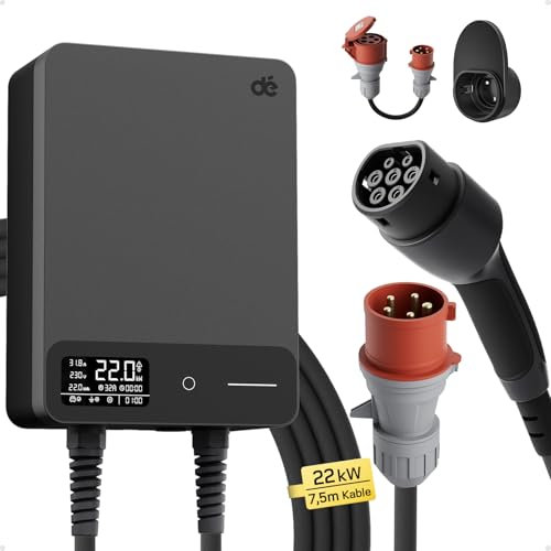 dé Estación de Carga Coche Electrico 22kW App [6-32A, Trifásico] Wallbox 22kW con Cable Tipo 2 7,5 m, RFID, Estación de Carga con RCD Tipo-B y Protección ip54 para Model Y/3 y Otros BEV/PHEV