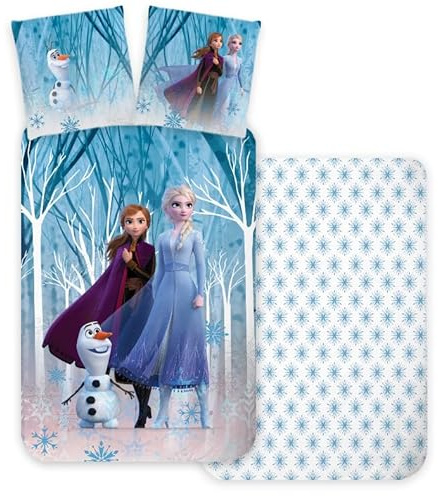 Eiskönigin Forest Kinderbettwäsche 140x200 + Kissenbezug ELSA Anna | Wendebettwäsche Einzelbett | Naturbaumwolle atmungsaktiv Oeko-Tex | Olaf Disney | Mädchen 3-10 | Geschenk | Geschenkidee