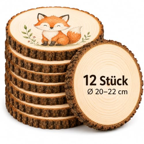 Truevaste 12er Set Holzscheiben 20 cm Durchmesser, Runde Baumscheiben Natur ohne Loch Ø20-22 cm, 15 mm Dicke, Große Holzscheiben für Hochzeit, Tischdeko, Lasergravur, Weihnachtsdeko & DIY Basteln