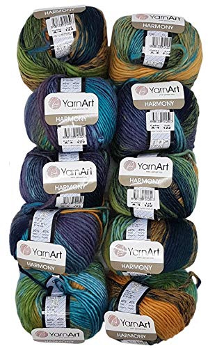 500 g Ilkadim Export Harmony Strickwolle mit 60% Wolle-Anteil, 10 x 50 Gramm Strickgarn mehrfarbig mit Farbverlauf (lila blau ocker grün A4)