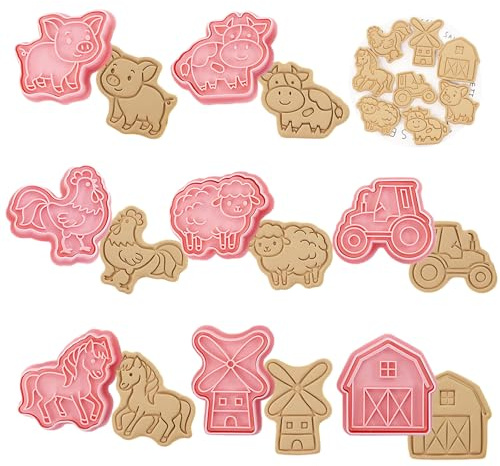 WishesMar Farmthema Ausstechformen Set Keks Ausstecher Stempel 3D Cartoon Pferd, Schwein, Schafe, Hahn Form – 8 Stück Keksformen aus Edelstahl zum Kekse Backen, DIY, Fondant, Festliche Dekoration