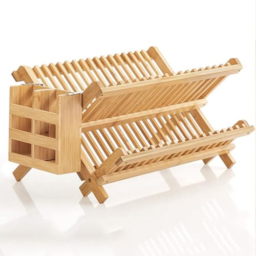 CHZIMADE Bamboo Dish Rack Dish Drainer 2 Tier Drying Rack with Cup Holder Plate Organiser for Kitchen Storage Stand for Bowls