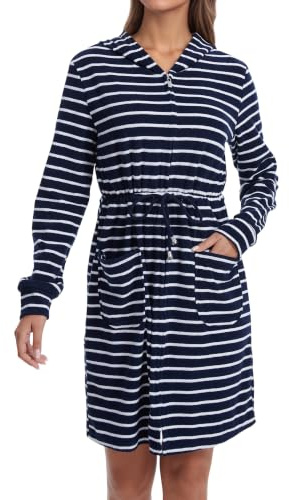 Mnamo Damen Frottee Bademantel Gestreift mit Kapuze Reißverschluss Langarm | Weicher Frottee, Kapuze, Taschen und Bindegürtel. Geschenk. Für Sauna,Schwimmen und Zuhause.Ganzjährig.