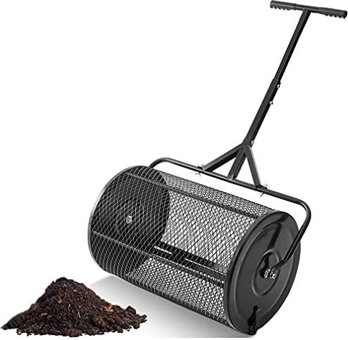 Garden Spreaders, 24 inch Heavy Duty Metal Mesh Roller Spreader, Compost, Peat Moss, Top Soil, Mulch-Garden, Compost Spreader with Metal Mesh Basket Adjustable Pole for Lawn and Garden Care
