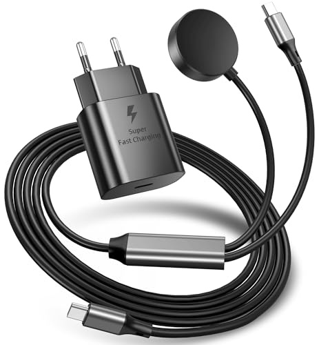 Chargeur 2 en 1 pour Samsung Watch, Chargeur rapide USB-C 25 W compatible avec Galaxy Watch 8 7/Ultra/6/6 Classic/5 Pro/5/4 /4 classic/3/Active2/1, pour Galaxy S25 Ultra/S24/S23/S22/S21 et Buds