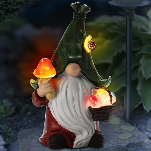 ZhiYo-GD Gnome Solar Garden Statue with 3 LED Lights, Mushroom-Picking Gnome Statue Outdoor Decor for Patio, Yard, Balcony, Lawn Ornament, Gift for Mom, Grandma Mother's Day Christmas Day Decorations