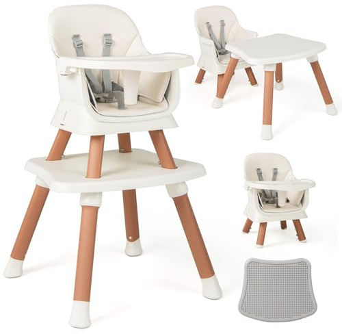 COSTWAY Trona Evolutiva 6 en 1, Silla Alta Convertible y Portátil, Silla de Alimentación con Arnés 5 Puntos, Bandeja y Cojín Desmontables (Blanco)