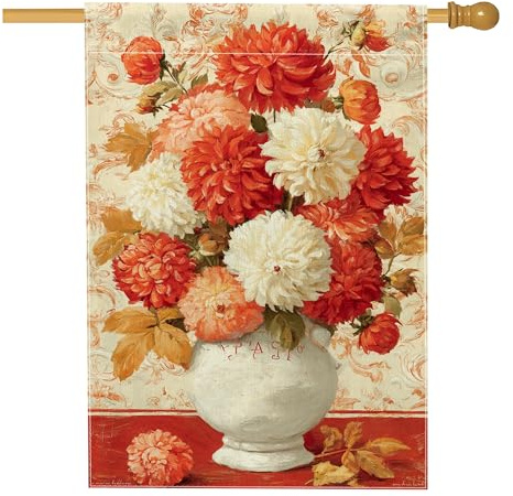 Fall Autumn Dahlia Floral Garden Flag, Vibrant Orange White Bouquets Home Decor Garden Banner, Double Sided Cotton Yard Flag Seasonal Outdoor Lawn Decoration 28x40 Inch