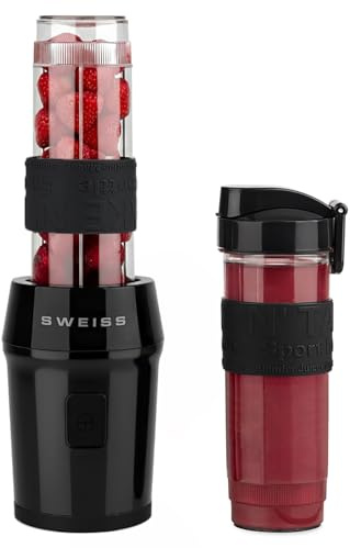 SWEISS Mini Blender, Mixeur Portable, Smoothie MOOV9, 2 Gourdes de 570 ml avec Couvercles de Voyage, 4 Lames Inox, 300W, Compatible Lave-Vaisselle, Noir