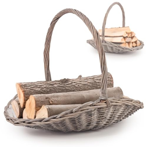 Woodluv Set of 2 Oval Willow Log Basket with Handles, Rustic Grey Wicker Storage Baskets for Firewood, Kindling, Blankets, and Home Décor
