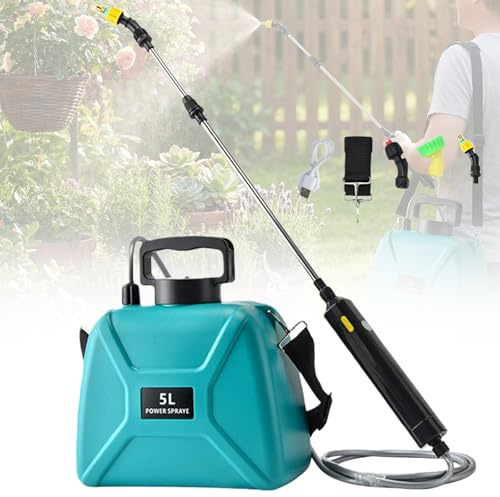Drucksprüher 5L, Elektrischer Pflanzensprüher, Akku Drucksprüher mit 3 Nebeldüsen und 60cm Teleskopstab, Elektrischer Drucksprüher, Drucksprühgerät Gartenspritze für Garten und Haushalt
