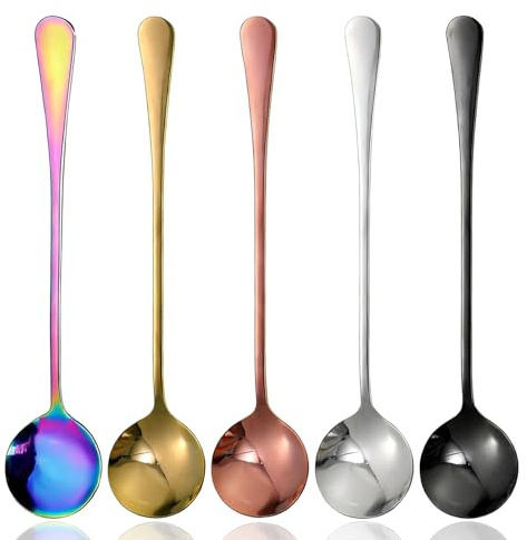 5 Pcs Stainless Steel Latte Spoons – 7.68 inch Long Handles Teaspoons for Coffee, Dessert and Tall Glasses – Mirror Finish Spoon Set (Silver, Gold, Rose Gold, Rainbow, Black), Round Head