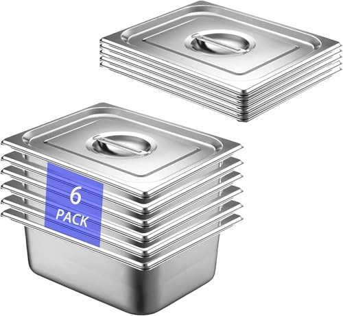 QYDMIN 6 Stück GN 1/2 Behälter, 32,5 x 26,5 x 10 cm Edelstahl Behälter mit Deckel, Gastro Behälter für Speisen, Torten, Hotelpfanne Tisch Food Pan