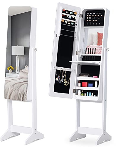 HOMCOM Armadio Portagioie Portagioielli con Specchio Regolabile e Illuminazione LED, Legno, Bianco, 34x146x36 cm