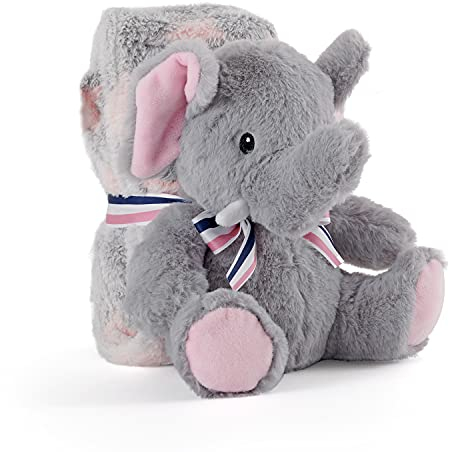PERLETTI Manta Bebé Suave y Cálida con Elefante Peluche - Muselina para Niño Niña 0 1 2 3 Años Colorida con Lazo - Doudou para Niños Niñas Gris y Rosa con Muñeco y Estampados - 120x80 cm (Elefante)