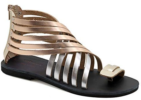 41 Schwarz Emmanuela Gladiator Sandalen aus Leder mit Reißverschlussschäften, hochwertige griechische handgefertigte Sommerschuhe, Zehenring Flache Sandalen, Boho Chic Sandalen