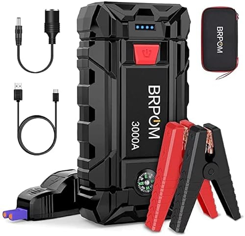 BRPOM Avviatore Batteria Auto, 6000A 26800mAh Avviatore di Emergenza per Auto/Moto, (Motori Fino a 10.0L Gas o 8.0L Diesel) Torcia a LED,Porta USB da per Smartphone