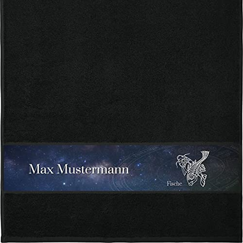 Handtuch mit Namen - personalisiert - Motiv Sternzeichen Fische - viele Farben & Motive - Dusch-Handtuch - schwarz - Größe 50x100 cm - persönliches Geschenk mit Wunsch-Motiv und Wunsch-Name
