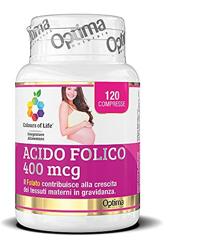Optima Naturals Colours of Life Acido Folico 400 mcg - Integratore di Contribuisce alla Crescita dei Tessuti Materni Gravidanza Senza Glutine Vegano, 120 Compresse