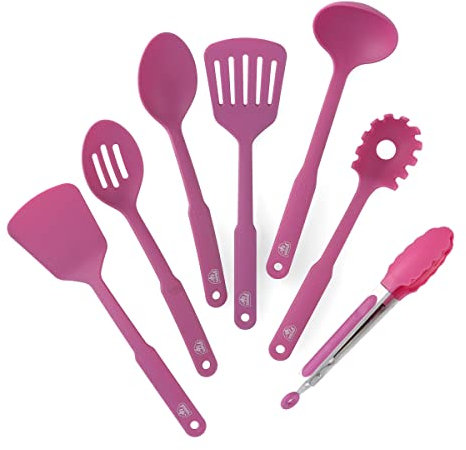 GreenLife Utensili da cucina e utensili, set da 7 pezzi in nylon con spatole, cucchiai, pinze e pinze, lavabili in lavastoviglie, rosa brillante