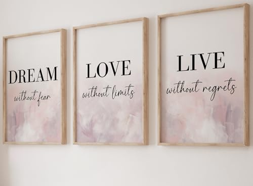 Dream Love Live Quotes set of 3 Unframed Prints, Pink Purple Brushstroke Style, Home Decor Wall Art, Dream Without Fear, Love Without Limits, Live Without Regrets (A4)