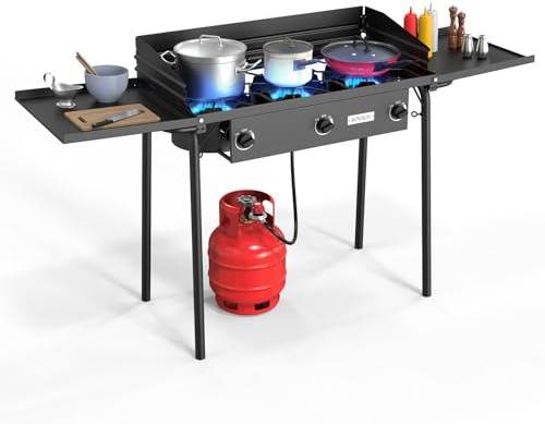 ROVSUN 3 Burner Gas Stove with 2 Side Shelves, 225,000BTU Portable Propane Stove with Removable Leg, Wind Panel, Regulator for Camping Home Backyard Outdoor Cooking Brewing Canning Turkey Frying