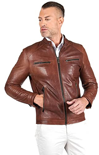 D'Arienzo Veste Cuir Cognac Homme Blouson Motard Cuir Véritable Made in Italy Hamilton 46/S/Cognac