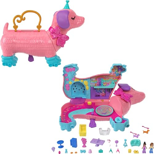 Polly Pocket Puppen und Spielset, Tierspielzeuge Hündchenparty mit 2 Puppen und mehr als 25 Zubehörteilen, HKV52
