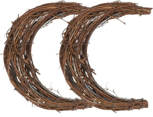 Moon Shaped Grapevine Wreath, 2pcs Rattan Garland Diy Wreath Christmas Garland Mini Ornaments Natural Grapevine Rings Flower Hoop Hand Woven Rings Diy Materials Rose for Xmas, Wedding, Party Decor