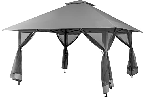 KOMFOTTEU Cenador de Jardín de 4 x 4 m, Carpa Plegable con 4 Mosquiteras con Cremallera, Pabellón con Altura Ajustable y Bolsa de Transporte con Ruedas, para Camping, Fiesta, Playa (Gris)