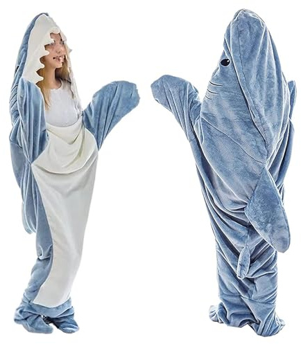 EBbels Hai Decke Erwachsene, Superweicher Flanell-Hoodie Hai Decke Schlafsack, Hai-Einteiler Tragbare Decke Für Erwachsene Jungen Und Mädchen, Cosplay-Hai-Kostüm (Blau-210×70cm)