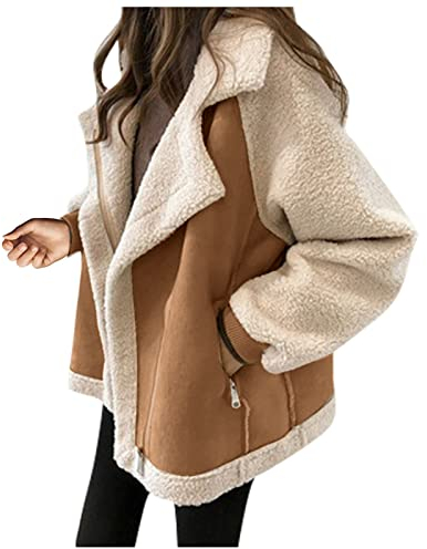 Wintermantel Damen Elegant Herbst Jacken Für Damen Regenjacke Damen Wasserdicht Frauen Warm Kurz Schaffell Fleece Revers Langarm Motorradjacke Mit Zipper Taschen Norweger Pullover (2-Khaki, 3Xl)
