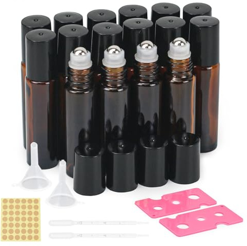 Reyshin 10ml Roll On Aceites Esenciales,16 pcs Marrón Botellas Rollon Cristal Rellenable Perfume Roll on con Roll-on Bola de Acero Inoxidable para Masajes,Botella de Laboratorio (10ml,black)