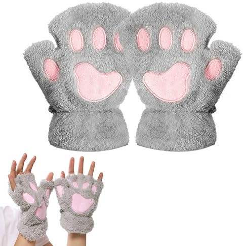 DHWEKU Guantes Sin Dedos Mujer, Guantes Garra de Gato Adorable Guantes de Felpa Guantes de Invierno Calientes Guantes de Gato Kawaii para Mujeres y Niñas