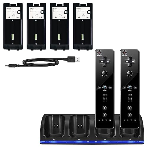 Station de Recharge Wii 4 en 1 Station de Recharge pour Manette Wii avec 4 Piles Rechargeables et indicateurs LED pour télécommande Wii (Noir)