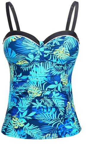 Talisea Women's Underwire Tankini Top Only Tummy Control Swimsuit Top Push Up Bathing Suit Top No Bottom, Blue Leaves, XXL