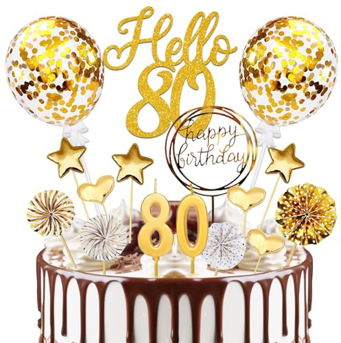 Tortendeko 80 Geburtstag, 80 Geburtstag Deko 20 Pcs Gold Torten, Hello 80 Cake Topper mit Geburtstagskerzen, für 70. Geburstagstorte Deko Mann Frau