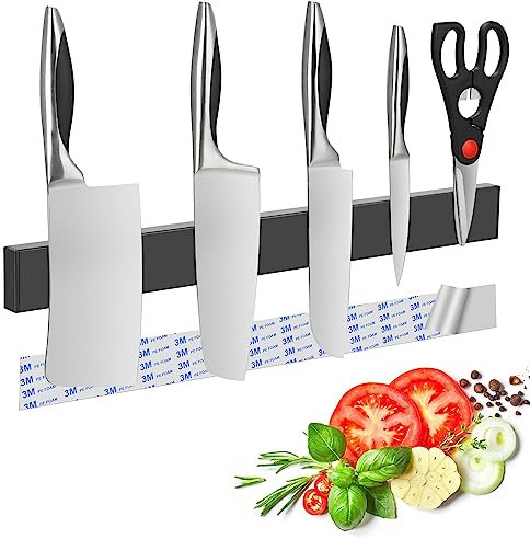 Eknnds Magnetic Knife Holder Wall Mount Utensil Tool Magnet Storage Bar Rack Strip Block Set Stainless Steel Kitchen Knife Organizer Self-Adhesive Drilling Dual-use Wall Hanging Knife -19 Inch Black