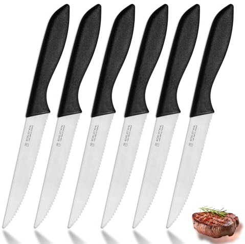 targzier Steak Knives Set of 6,Premium Stainless Steel Serrated Steak Knife Sets,Sharp Kitchen Steak Knife Set with Non-Slip Ergonomic Handle,Black Dinner Knives for Table Hotel,Dishwasher Safe
